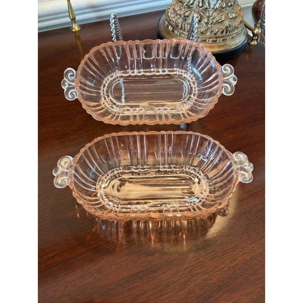 Anchor Hocking Vintage Pink Depression Glass Candy Dish Old Cafe Set of 2
